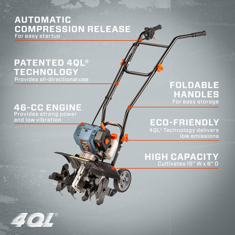 4QL® 46 cc 4-Cycle Gas Powered Tiller Cultivator, 15-Inch Tilling Width, TL4QL-L1